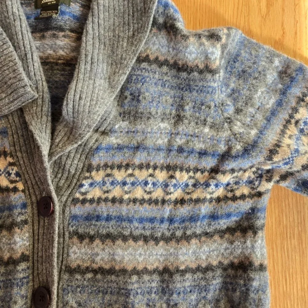 Eddie Bauer Fair Isle Lambswool Cardigan Sweater Gray Blue XXL (Fits M) Nordic P - Picture 7 of 8